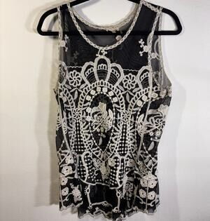 Capri Sheer Black Mesh Lace Embroidered Tank Top Medium Boho Floral